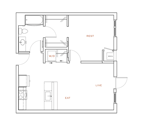 Floor plan for 1 bed, 1 bath, 688 sqft
